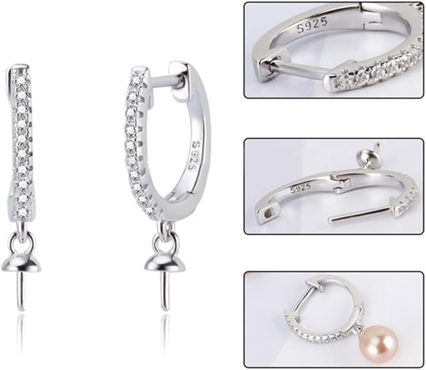 925 Sterling Silver/Gold Plated/Rose Gold Plated CZ Huggies Hoop Earrings Fitting for Pearl, Earring Post Findings with Pearl Seat for DIY Jewelry Making - Image 2