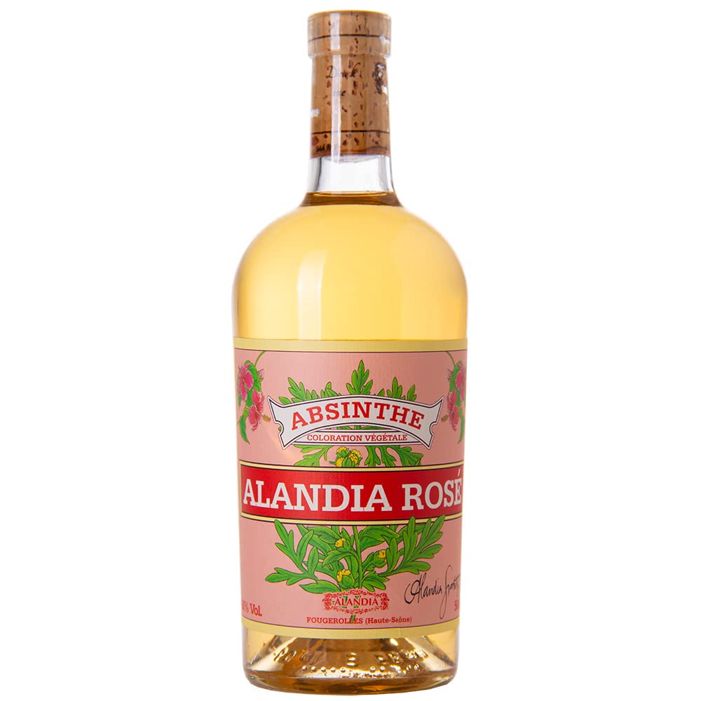 Absinth Set ALANDIA Rosé | Mit Hibiskusblüten | 2x Mundgeblasene Gläser | 2x Edelstahl Löffel | 1x Zucker | (1x 0,5 l)