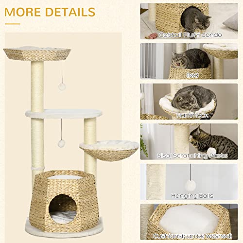 Pawhut 47" Cat Tree Kitty Activity Center, Cat Climbing Toy With Cattail Fluff, Bed, Condo, Sisal Scratching Post, And Hanging Ball, Natural #TOP4