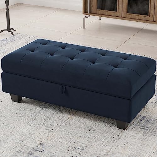 Belffin Oversized Rectangular Ottoman with Storage - Velvet Tufted Upholstered Footstool for Living Room Bedroom (Blue)