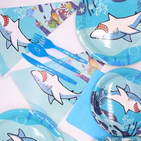 Happy Shark Party Tableware Decoration Shark Party Tableware Supplies Set 114PC Shark Party Plates Cups Napkins Tablecloth Banner for Kids Birthday Baby Shower Decorations Pack for 16 Cover