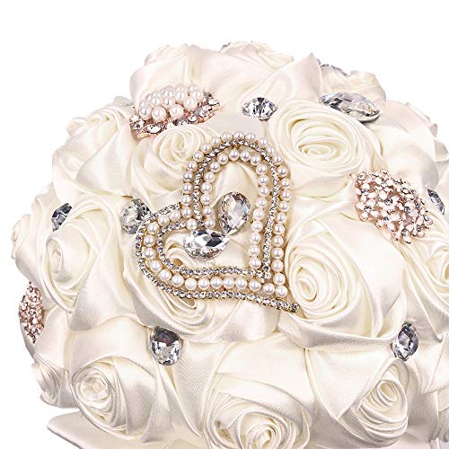Abbie Home Handmade Bridal/Brooch/Bridesmaids Bouquet Satin Roses With Crystal Diamond Pearl Decor (Ivory) #TOP2