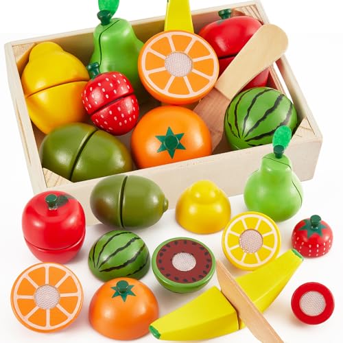 LINFUN KIDS Jouet Fruit en Bois à Découper Couper Accessoire Dinette Enfant, Nourriture Jeux de Rôle Ustensiles Cuisine Éducatif Cadeau pour Garçons Filles 2 3 4 5...