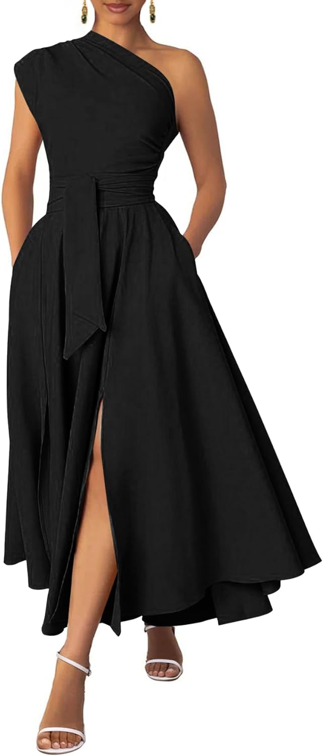 Women's One Shoulder Belted Maxi Dress Long Formal