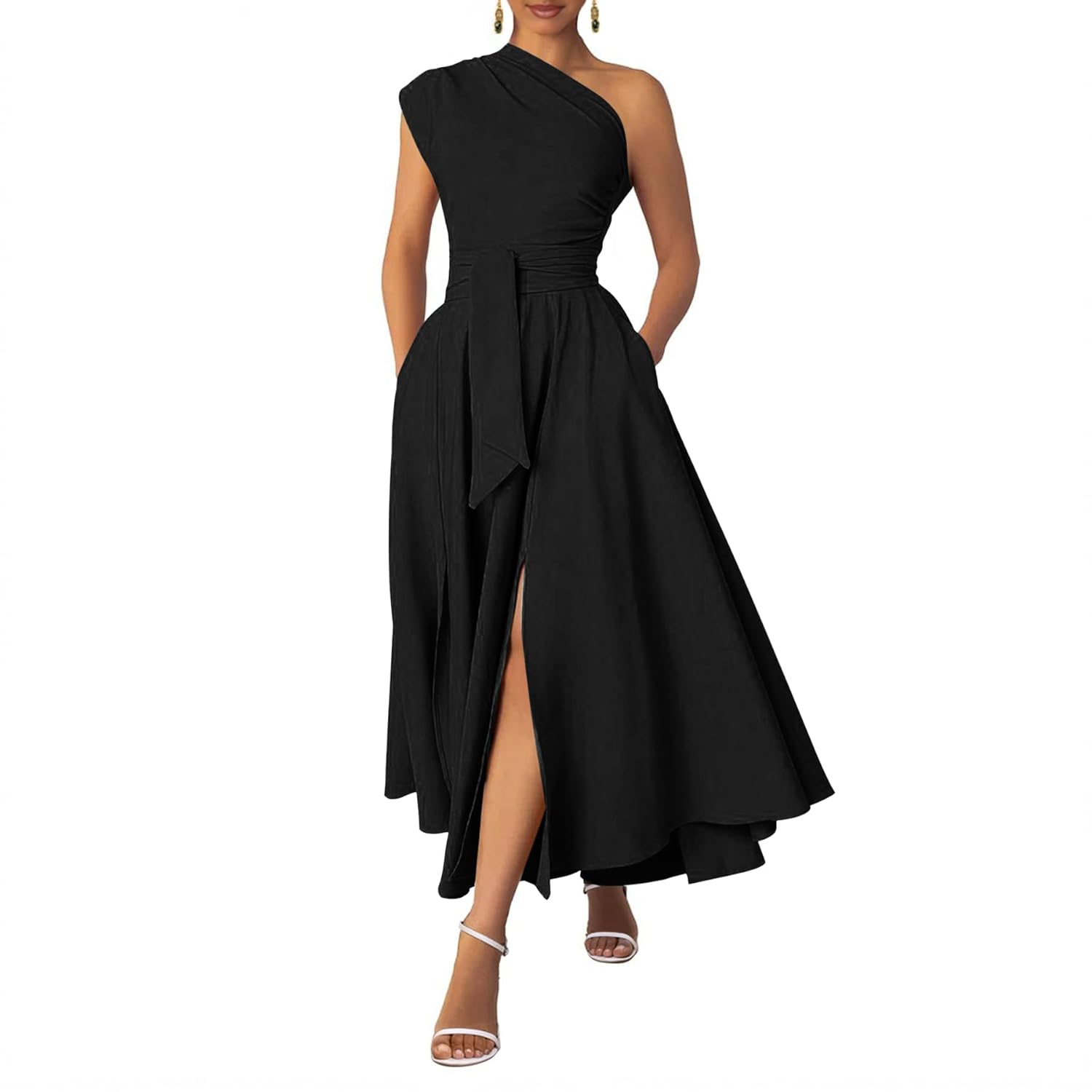 Ekaliy Womens One Shoulder Belted Maxi Dress Long Formal Wedding Guest Dress with Pockets