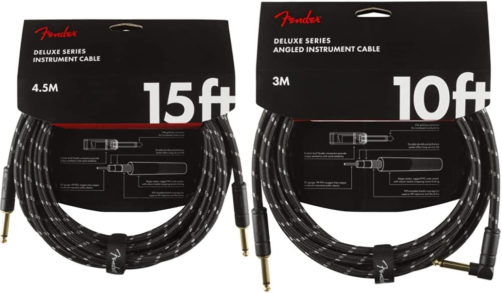 Fender Deluxe Series Instrument Cable, Straight/Straight, Black Tweed, 15ft & Deluxe Series Instrument Cable, Straight/Angle, Black Tweed, 10ft