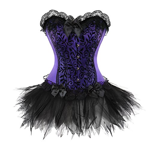LFFW Corset Goticos Flores Bustier Corsé y Falda de Tul Mujer (EU(38-40) XL, Morado)