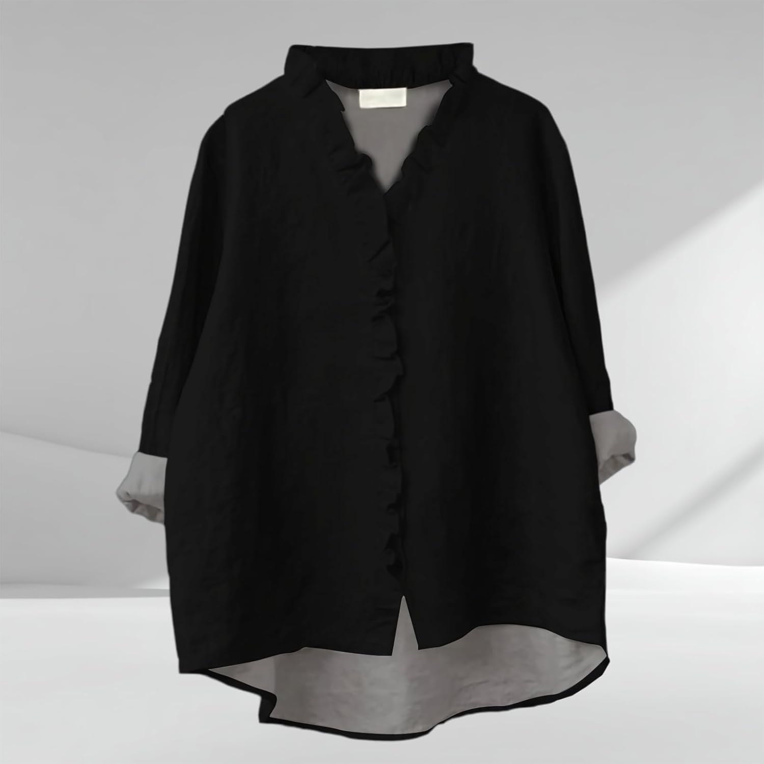 Womens Summer Dressy Tops Casual Button Down Ruffle Trim V Neck T Shirts Long Sleeve Soild Color Basic Work Blouses - Image 2