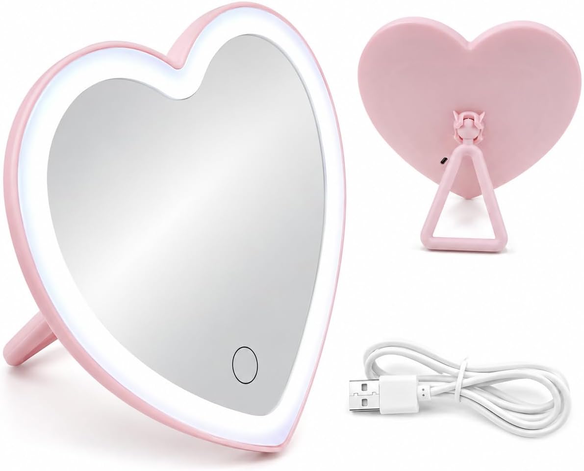Pink Heart LED Makeup Mirror Kids USB Foldable Travel Vanity