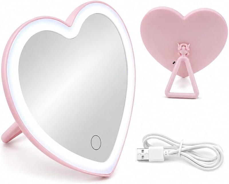 Espelho de Maquiagem LED Taolivingmart Rosa em Formato de Coração, Dobrável, USB