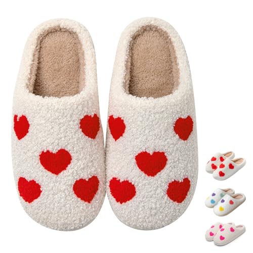 Cxvzr Couple Slippers For Women Men Heart Slippers Fluffy Warm Fur Non-slip Home Shoes Suitable For Lovers Red-Hearts 43-44