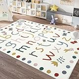 USTIDE 5x7 Colorful Alphabet Letter Fluffy Wool Rug for Kids Bedroom, Machine Washable Play Mat Non Slip for Children Playroom Classroom Decor