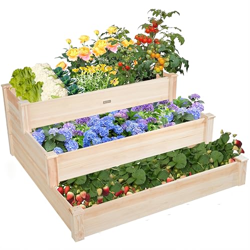 ZSYWODFO 3-Tier Raised Garden Bed with Fabric Liner, Wood Elevated Planter Box with Dovetail Joint Design, 3 Dividable Bed Kit for Vegetables/Herbs/Flowers, Outdoor Gardening for Patio, Lawn, Balcony
