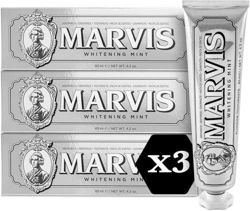 Marvis Pasta de dientes blanqueadora de menta de 3 × 85 ml que promueve el blanqueamiento dental natural, la pasta de dientes elimina la placa y aporta frescura duradera