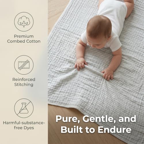 Image of 6-Layer Cotton Muslin Baby Blanket 43x43 inches Swaddles Grey Striped