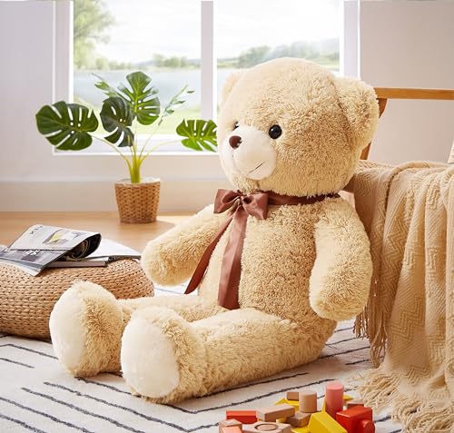 YunNasi Big Teddy Bear Stuffed Animal 35in Giant Stuffed Bear Gift for Girlfriend Children on Birthday, Light Brown