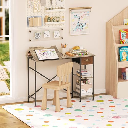 X-cosrack Art Desk for Kids, 45°Tiltable Drafting Table with Storage Drawer & Shelves, 25.98" H Student Writing Reading Table for Bedroom & Study Room, Small Desk for Children