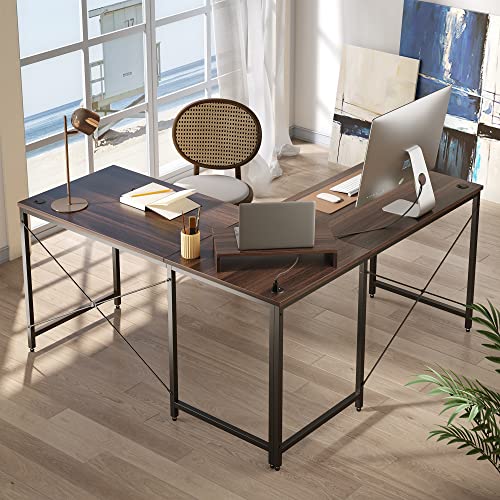 Bestier L Shaped Desk Computer Long Desk Reversible Corner Desk For Home Office With Power Outlet Monitor Stand 2 Cable Holes Usb Socket 95.2 Inch 2 Person L Desk, Brown #TOP4