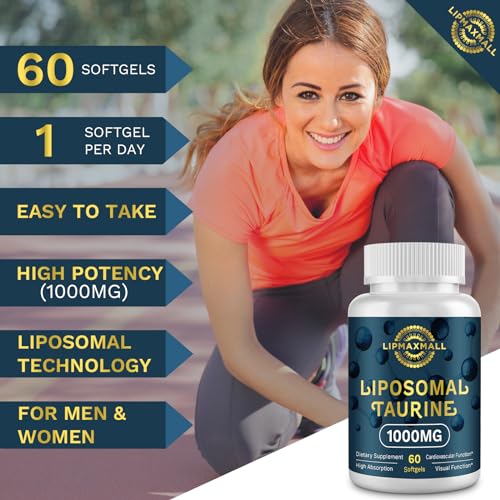 lipmaxmall Liposomal Taurine Supplement 1000mg, High Absorption Amino Acid for Heart, Nerve, Brain, Visual (60 Softgels - 2 Pack)