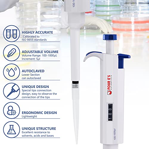 1000Ul Micropipette, Four E's Scientific Lab Single Channel Micro Pipettes, 100-1000Ul Adjustable Variable Volume #TOP3
