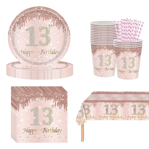 YRsorn 13. Geburtstag Mädchen Deko Partygeschirr Set - Pappteller Kindergeburtstag Tischdeko Deko 13. Geburtstag Mädchen Teenager Geburtstagsparty Geburtstagdeko für 16 Gäste