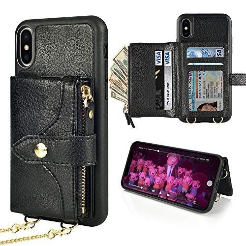 Review LAMEEKU Wallet Case Compatible with iPhone Xs Max, iPhone Xs Max Wallet Case Card Holder Leather Case with Wrist Chain Crossbody Strap Zipper Case for iPhone Xs Max, 6.5 inches-Black