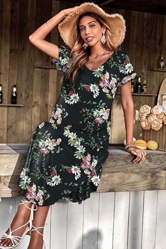 Image of Ekouaer Long Nightgowns for Women Short Sleeve House Dress with Pockets V Neck Sleepshirts Side Split Sleepwear S-4XL