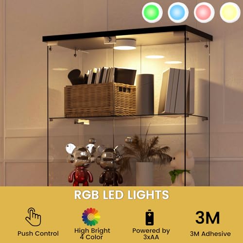 Glass Display Cabinet with LED Lights — 4-Shelf Lockable Tempered Glass Showcase, 65 x 32 x 14.3 Inches — Adjustable Multi-Color Lighting for Modern Home & Commercial Use, Black