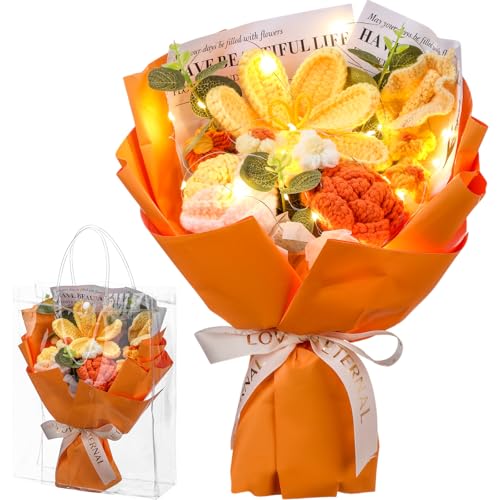 Glitinsel Crochet Flowers Bouquet Gift for Women 10 Pcs Graduation Handmade Crochet Tulips Roses Calla Lily Flower Artificial Knitted Bouquet LED Light Bag for Weddings Home Decor(Yellow)