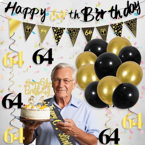 27pcs 64th Birthday Decorations for Men, Black Gold 64th Party Decorations, Happy 64th Birthday Banner Honeycomb Hanging Swirls Cake Topper and Balloons Kit Party Supplies by YeohJoy - Used condition - Image 5
