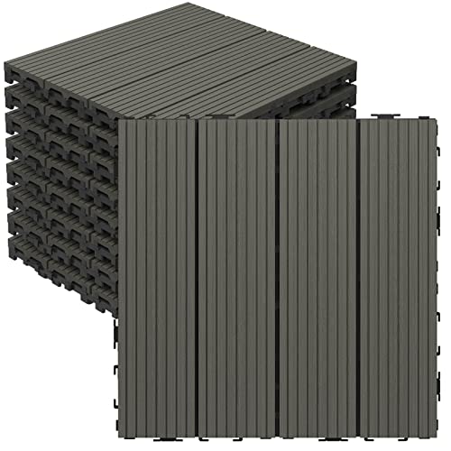 Goovilla Wood Plastic Composite Interlocking Patio Deck Tiles 9 Pack (9 Sq. Ft), 12"X12" Waterproof Indoor Outdoor Flooring All Weather Use, Balcony Floor Covering Tile, Decking Tiles, Dark Grey #TOP8