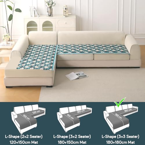 Image of HOKIPO 'Florentina Series' L Shape (3+3 Seater) Sofa Cover Seat Mat | Premium Multi-Needle Quilted Holland Velvet Sofa Mat + Foam Filling + Anti-Slip Backing, Pansies Teal (IN-882-V5*2)