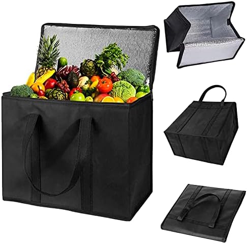 Cooler and Thermal Bag, 30 Lt Foldaway, Stand Upright, Durable Reinforced Food Bag, Insulated Cold & Hot Content, Reusable, Grocery, Shopping, Camping, Picnic, BBQ, Delivery (Black)