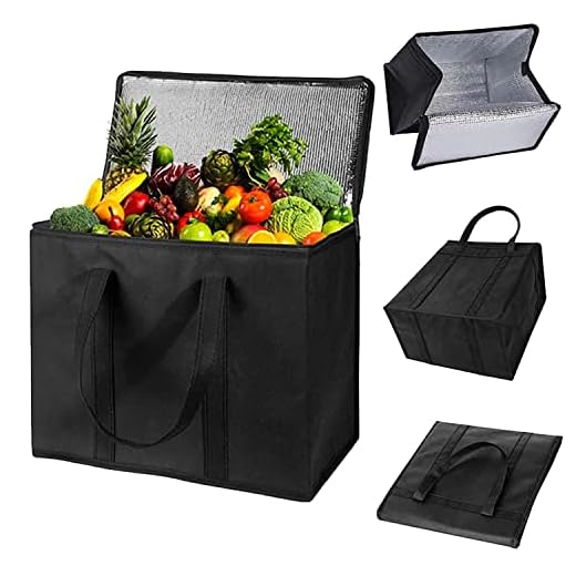 Cooler and Thermal Bag, 30 Lt Foldaway, Stand Upright, Durable Reinforced Food Bag, Insulated Cold & Hot Content, Reusable, Grocery, Shopping, Camping, Picnic, BBQ, Delivery (Black)