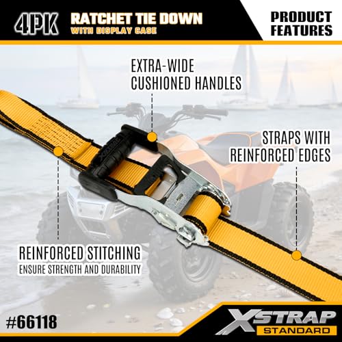 XSTRAP 4 Pack Ratchet Straps 1.5" x 16ft 3,300lbs Break Strength Tie Down Straps, Ergonomic Handle with Double J Hooks & Ammo Storage Box for Truck, Trailers, Motorcycle, ATV & Boat (Yellow) — view 2