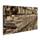islandburner Bild auf Leinwand Vintage Schallplattenladen Wandbild Wohnzimmer Nostalgie für Musikliebhaber - Edition H1