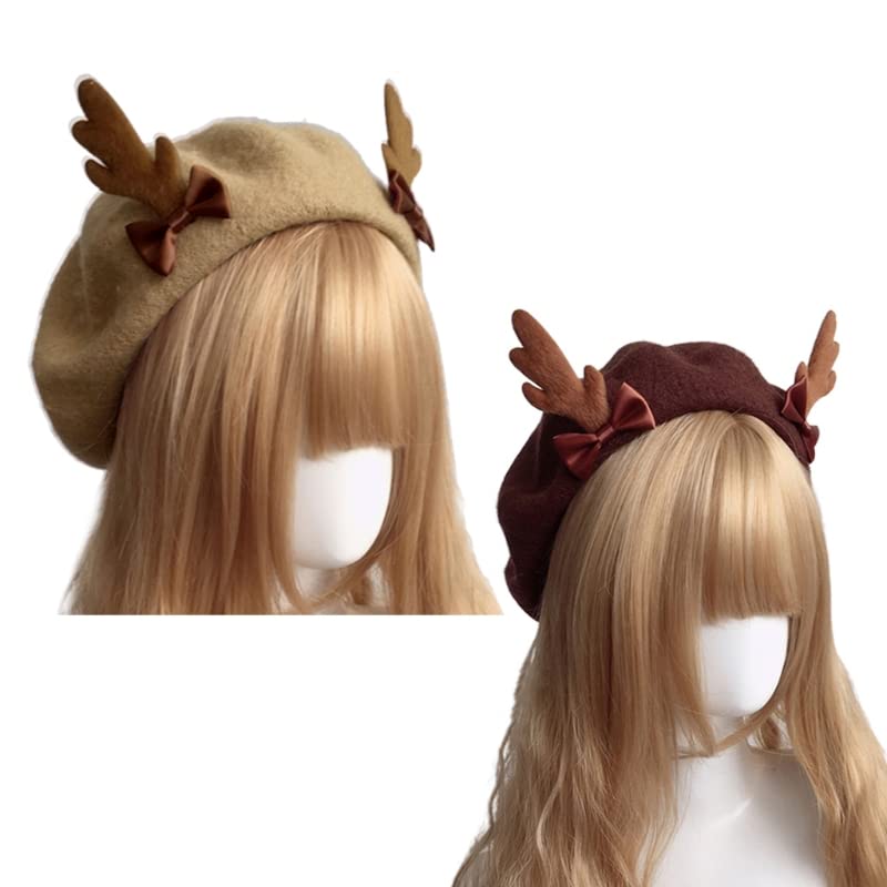 Women Lolita Kawaii Antler Beret Cap Christmas Cute Deer 