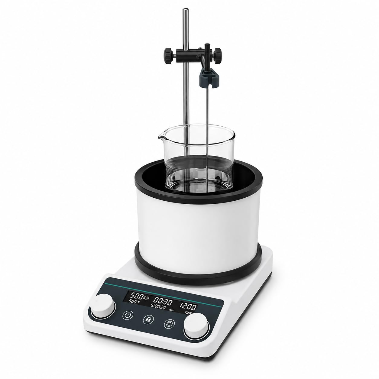 Digitaler Magnetrührer mit Dualbad-Modi, 50-1500 U/min Rühren, 1 min bis 12 h Timer, PT1000 Überwachung, Wasserbad bis 100 °C, Ölbad bis 250 °C