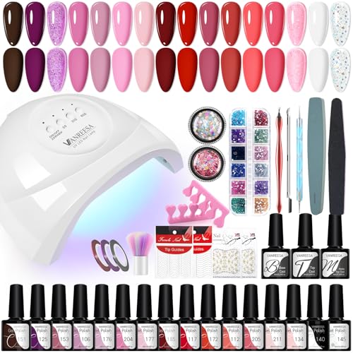 VANREESA Kit Semipermanente Unghie 16 Coloris Kit Unghie Gel Completo con U V Lampada 48W Set Smalto Semipermanente Unghie con Matt Top Base Coat Regali per Donna