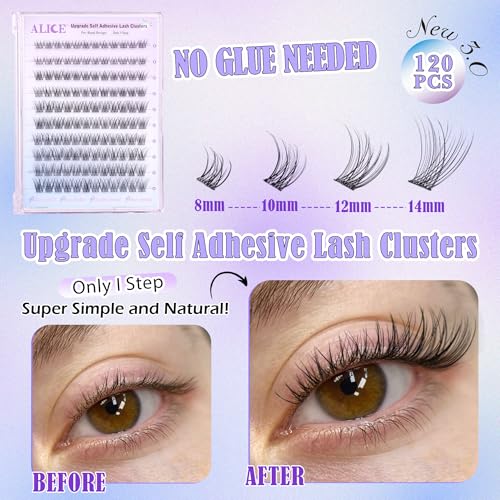 Self Adhesive Eyelashes Reusable Natural Self Adhesive Lash Clusters Wispy Press on Lashes Pre-Glue 8-14mm 120pcs C Curl DIY Eyelash Extensions Kit No Glue Needed with Lash Tweezers by ALICE