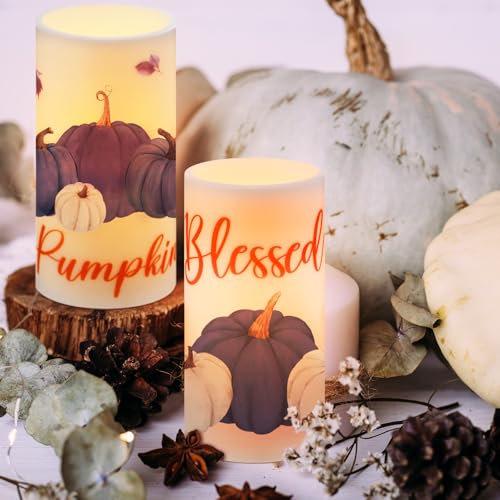 Retisee 3 Pcs Blue Pumpkin Thanksgiving Flameless LED Candles Thankful Blessed Thanksgiving Battery Operated Candles with Remote Blue Pumpkin Decor for Table Centerpiece Bedroom Harvest Decoration by Retisee - Image 5