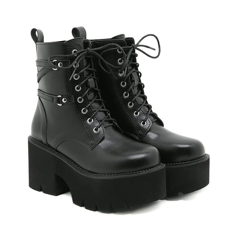 Womens Black Lace up Goth Platform Boots Round Toe Chunky Ankle Boots Punk Boots Gothic Combat Booties