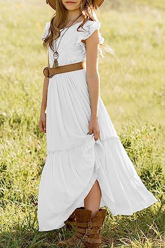 Mitilly Girls Lace Flower Ruffle Sleeve A-Line Swing Wedding Party Long Maxi Dress With Pockets 12 Years White #TOP4