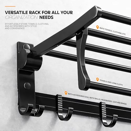 Image of MIORAH 24 Inch Foldable Aluminum Towel Rack for Bathroom - Wall Mounted Double - Tier Towel Holder with Rod & Hooks | Rustproof Black