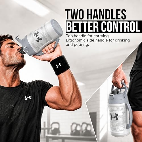 Image of Under Armour Insulated Water Bottle with Handle & Fence Hook, Half Gallon Sports Water Jug, Leak-Resistant & BPA-Free for Baseball, Football & Gym - White Woodland, 64oz