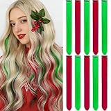 LADYAMZ Colored Hair Extensions 10 PCS, Colorful Party Highlights Clip in Long Synthetic Hairpieces, Red and Green Hair Extensions for Girls Women Kids Cosplay Gifts 22 Inch