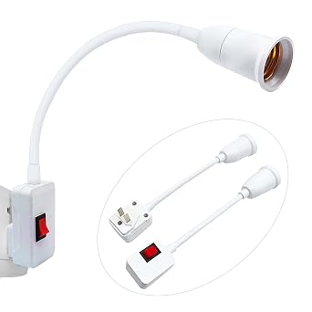 Plug-in Light Socket Adapter, E26/E27, with Switch, 360 Adjustable | 360 Flexible Socket Extension Plug in Light Extender, Wall Outlet Lamp Holder Converter for Nightlight
