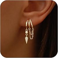 SELSHEJEWELRY 14K Gold Plated Triple Huggie Dangle Earrings for Women - Cute Statement Chain Drop Earrings, Trendy Jewelry