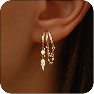 SELSHEJEWELRY 14K Gold Plated Triple Huggie Dangle Earrings for Women - Cute Statement Chain Drop Earrings, Trendy Jewelry