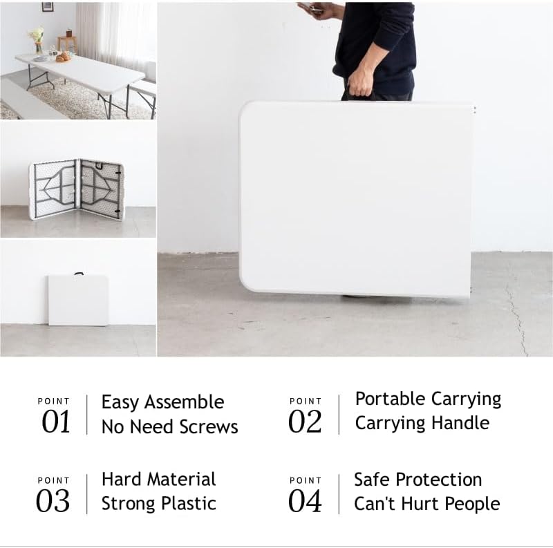 Miniatura 4 de Mesa plegable de 8 pies (30 x 96 pulgadas), mesa de picnic resistente para interiores y exteriores con asa de transporte, mesa plegable de plástico